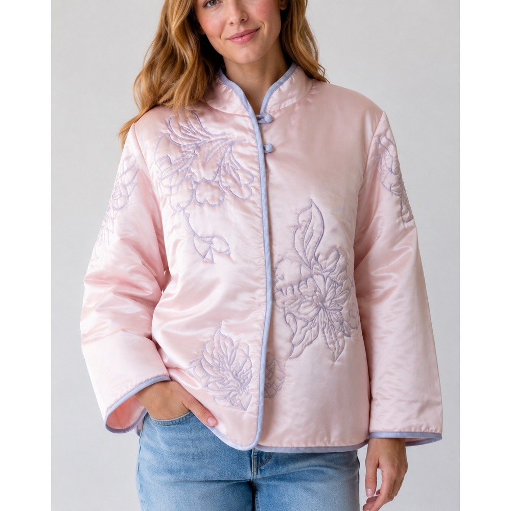 Vintage Natori Classics Pink Satin Floral Embroidered Bed Jacket M Saks 5th Ave